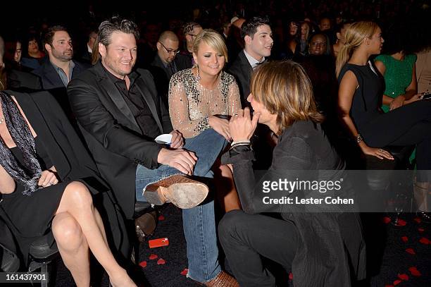 Singers Blake Shelton, Miranda Lambert and Keith Urban attend the 55th Annual GRAMMY Awards at STAPLES Center on February 10, 2013 in Los Angeles,...