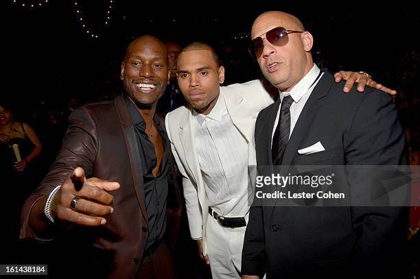 Singers Tyrese Gibson and Chris Brown, and Actor Vin Diesel attend the 55th Annual GRAMMY Awards at STAPLES Center on February 10, 2013 in Los...
