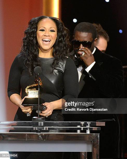 Erica Campbell of Mary Mary and songwriter Warryn Campbell, winners of Best Gospel Song, onstage at the The 55th Annual GRAMMY Awards at Staples...