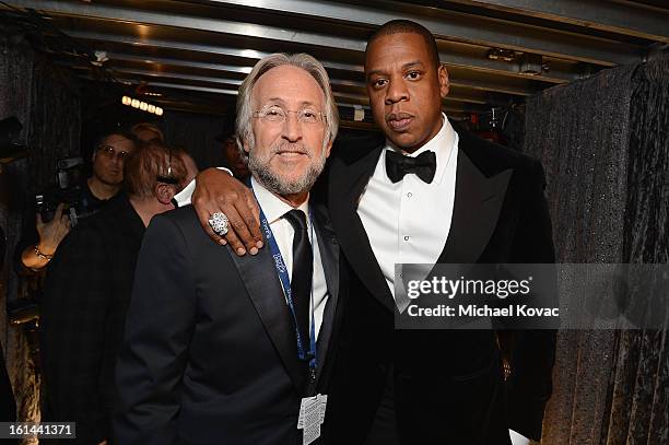 Rapper Jay-Z and president/CEO of The Recording Academy Neil Portnow attend the 55th Annual GRAMMY Awards at STAPLES Center on February 10, 2013 in...