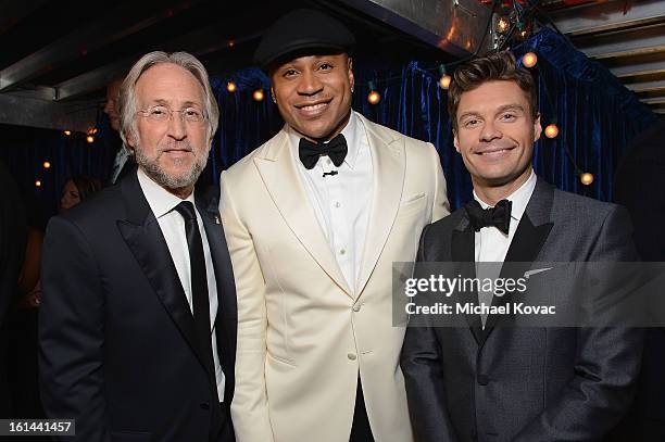 President/CEO of The Recording Academy Neil Portnow, host LL Cool J, and TV personality Ryan Seacrest attend the 55th Annual GRAMMY Awards at STAPLES...