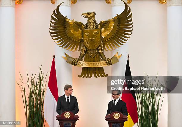 German Foreign Minister Guido Westerwelle and his indonesian counterpart Marty Natalegawa give a press conference after holding talks at the foreign...