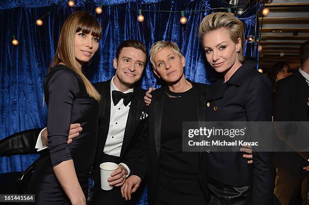 Actress Jessica Biel, singer Justin Timberlake, television personality Ellen DeGeneres and Portia de Rossi attends the 55th Annual GRAMMY Awards at...