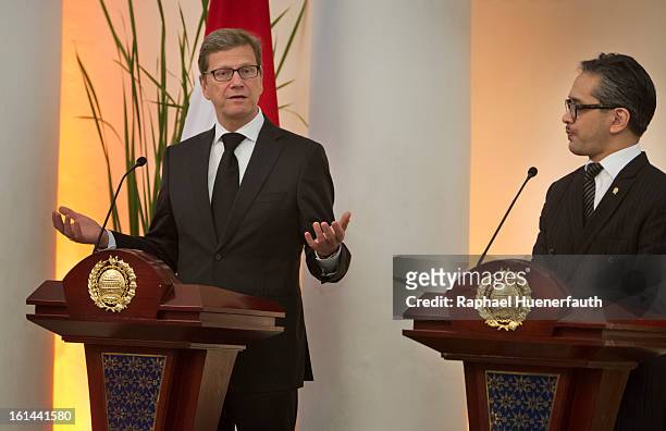 German Foreign Minister Guido Westerwelle and his indonesian counterpart Marty Natalegawa give a press conference after holding talks at the foreign...