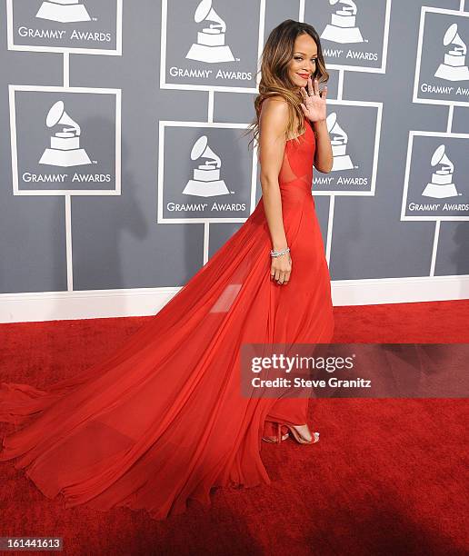 Rihanna arrives at the The 55th Annual GRAMMY Awards on February 10, 2013 in Los Angeles, California.