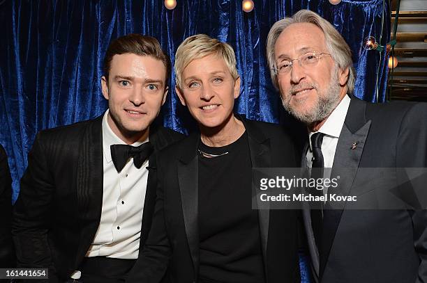 Singer Justin Timberlake, television personality Ellen DeGeneres and NARAS President Neil Portnow attend the 55th Annual GRAMMY Awards at STAPLES...