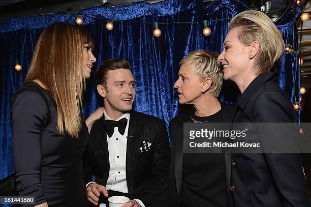 Actress Jessica Biel, singer Justin Timberlake, television personality Ellen DeGeneres and Portia de Rossi attend the 55th Annual GRAMMY Awards at...