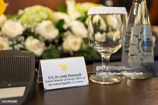 Place card for German Foreign Minister Guido Westerwelle, rests on a table as he and his Indonesian counterpart Marty Natalegawa meet for talks, at...