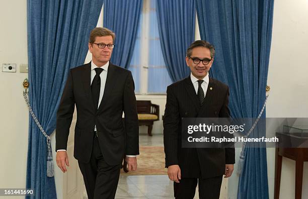 German Foreign Minister Guido Westerwelle and his Indonesian counterpart Marty Natalegawa hold talks at the foreign office on February 10, 2013 in...