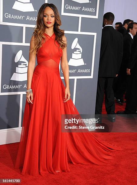 Rihanna arrives at the The 55th Annual GRAMMY Awards on February 10, 2013 in Los Angeles, California.