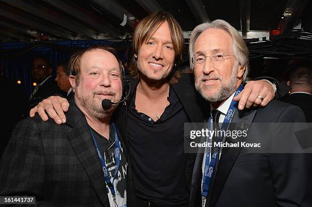 Producer Ken Ehrlich, singer Keith Urban and NARAS President Neil Portnow attend the 55th Annual GRAMMY Awards at STAPLES Center on February 10, 2013...