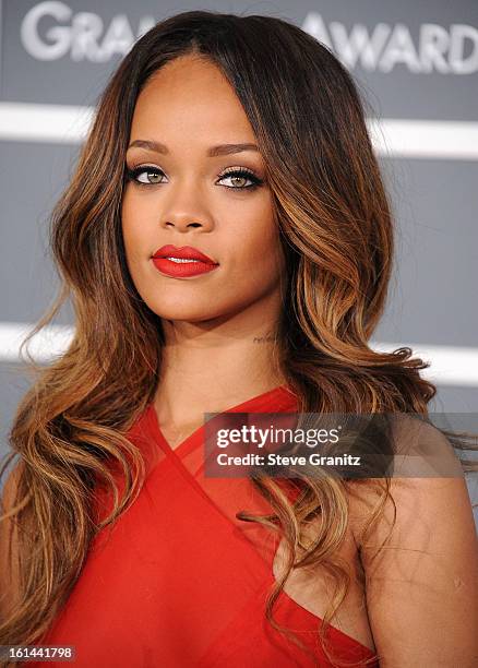 Rihanna arrives at the The 55th Annual GRAMMY Awards on February 10, 2013 in Los Angeles, California.