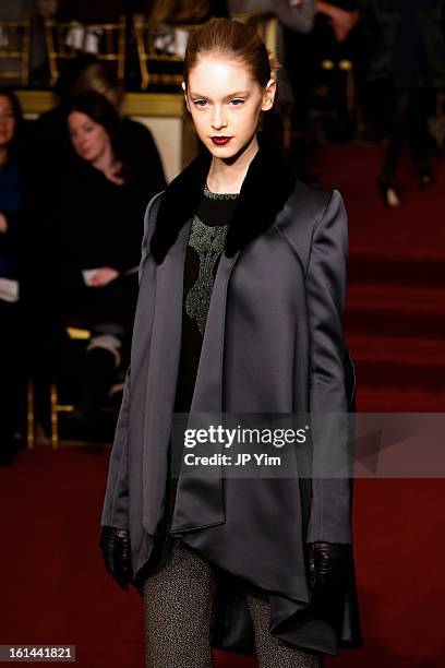 Model walks the runway at the Zac Posen Fall 2013 fashion show during Mercedes-Benz Fashion Week at The Plaza Hotel on February 10, 2013 in New York...