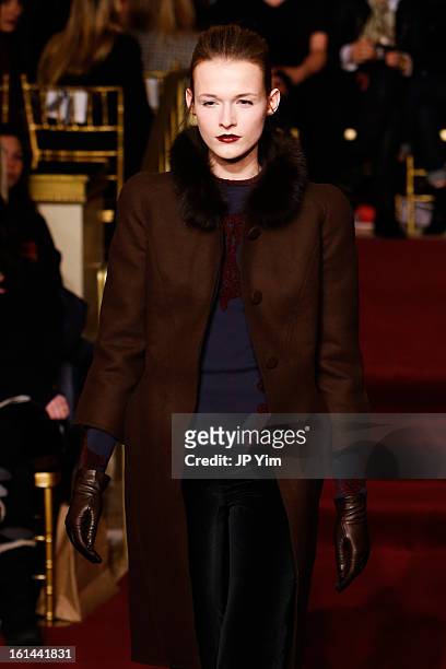 Model walks the runway at the Zac Posen Fall 2013 fashion show during Mercedes-Benz Fashion Week at The Plaza Hotel on February 10, 2013 in New York...