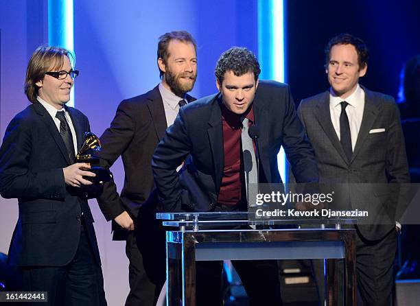 Musicians Nicky Sanders, Graham Sharp, Woody Platt and Charles R. Humphrey III of the Steep Canyon Rangers accepts the Best Bluegrass Album Award for...