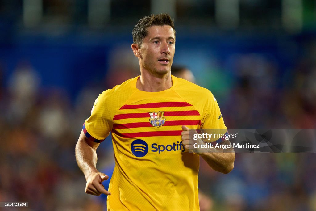 Robert Lewandowski of FC Barcelona looks on during the LaLiga EA
