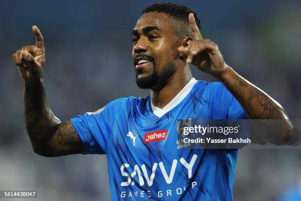 Malcom of Al Hilal celebrates after scoring the team's first goal during the Saudi Pro League match between Abha and Al-Hilal at Prince Sultan Bin...