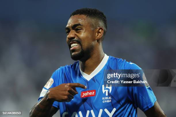 Malcom of Al Hilal celebrates after scoring the team's first goal during the Saudi Pro League match between Abha and Al-Hilal at Prince Sultan Bin...