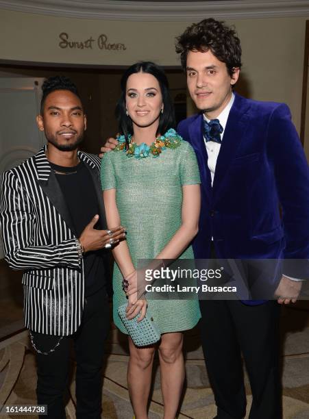 Singers Miguel and Katy Perry and musician John Mayer attend Sony Music Grammy Reception at Bar Nineteen 12 on February 10, 2013 in Beverly Hills,...