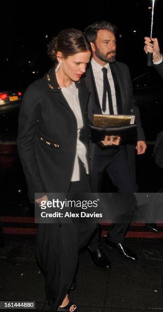Ben Affleck and Jennifer Garner seen arriving at the official bafta party held at the Grosevenor House hotel on February 10, 2013 in London, England.