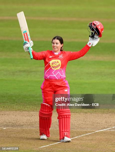 Tammy Beaumont of Welsh Fire Women celebrates their century, the first in the Women's Hundred during The Hundred match between Welsh Fire Women and...