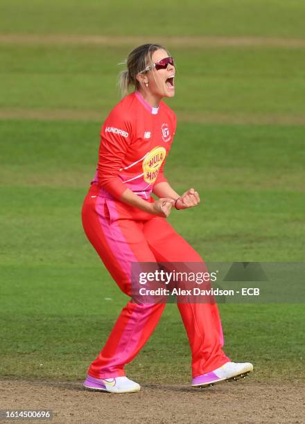 Alex Hartley of Welsh Fire Women celebrates the wicket of Jo Gardner of Trent Rockets Women during The Hundred match between Welsh Fire Women and...