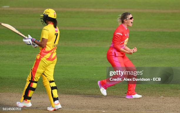 Alex Hartley of Welsh Fire Women celebrates the wicket of Jo Gardner of Trent Rockets Women during The Hundred match between Welsh Fire Women and...