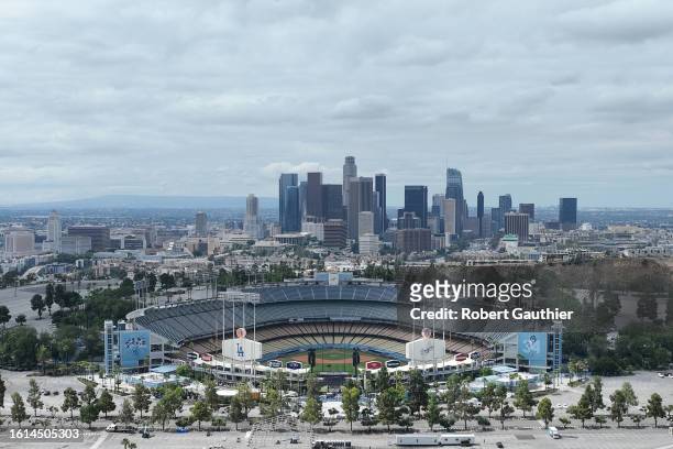 Los Angeles, CA Clouds hang over downtown from a hill overlooking Dodgers Stadium on Monday, Aug. 21, 2023 in Los Angeles, CA. A day after the first...
