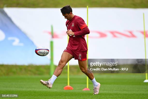 Alex Mitchell of England warms up during a training session at Pennyhill Park on August 14, 2023 in Bagshot, England.