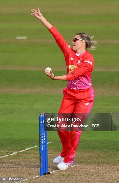 Alex Hartley of Welsh Fire Women in bowling action during The Hundred match between Welsh Fire Women and Trent Rockets Women at Sophia Gardens on...