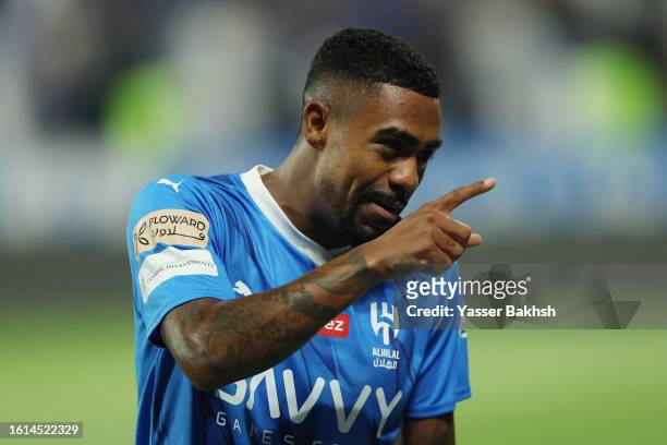 Malcom of Al Hilal celebrates after scoring the team's second goal during the Saudi Pro League match between Abha and Al-Hilal at Prince Sultan Bin...