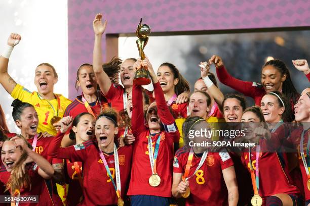Spain team celebrates after winning the Women's World Cup 2023 Final game between Spain and England at Accor Stadium. Final scores, Spain 1:0 England.