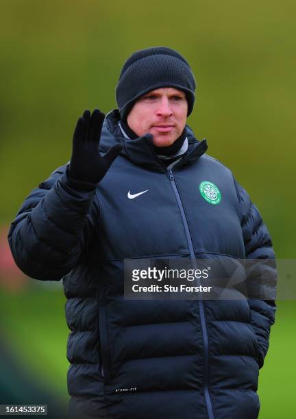 Celtic manager Neil Lennon gives a wee wave during Celtic training at Lennoxtown on February 11, 2013 in Glasgow, Scotland.