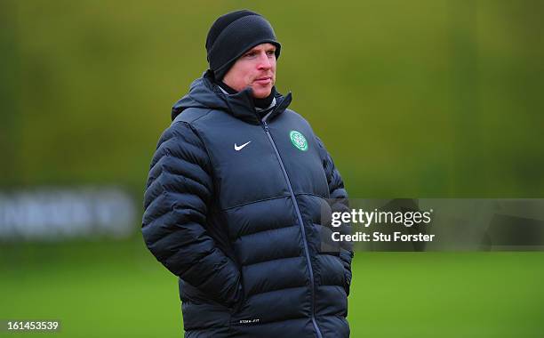 Celtic manager Neil Lennon looks on during Celtic training at Lennoxtown on February 11, 2013 in Glasgow, Scotland.