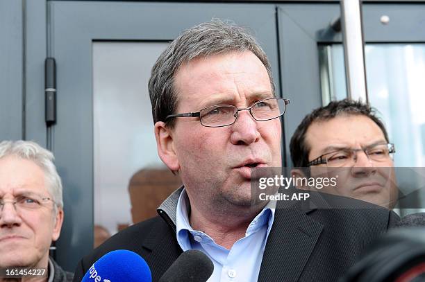 French meat supplier Spanghero's president, Barthelemy Aguerre , answers journalists questions on February 11, 2013 at the headquarters of Spanghero...