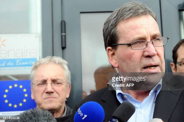 French meat supplier Spanghero's president, Barthelemy Aguerre , answers journalists questions on February 11, 2013 at the headquarters of Spanghero...
