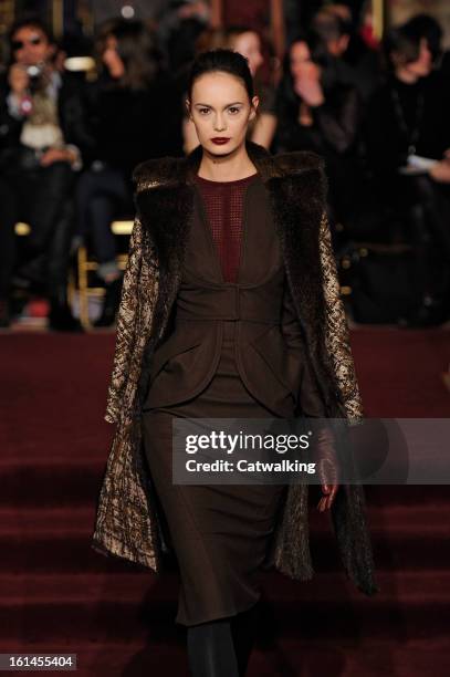 Model walks the runway at the Zac Posen Autumn Winter 2013 fashion show during New York Fashion Week on February 10, 2013 in New York, United States.