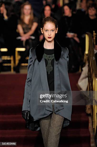 Model walks the runway at the Zac Posen Autumn Winter 2013 fashion show during New York Fashion Week on February 10, 2013 in New York, United States.