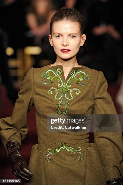 Model walks the runway at the Zac Posen Autumn Winter 2013 fashion show during New York Fashion Week on February 10, 2013 in New York, United States.