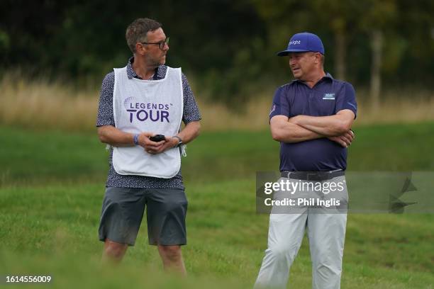 Greig Hutcheon of Scotland during Day Three of the Legends Tour Trophy hosted by Simon Khan at Hanbury Manor Marriott Hotel & Country Club on August...