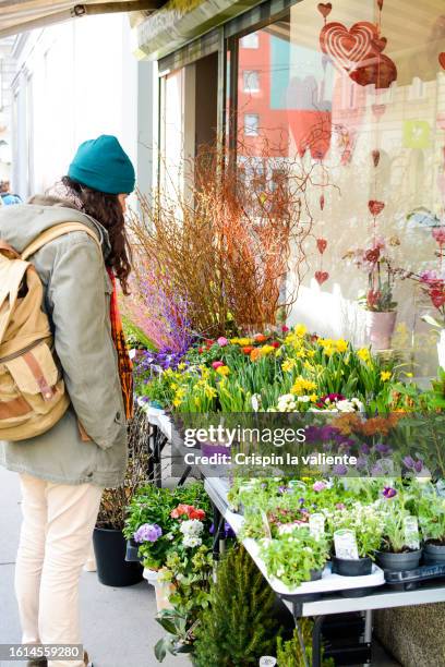 young woman looking at a flower stall on the street in the wintertime - reusable shopping bag drawing stock-fotos und bilder