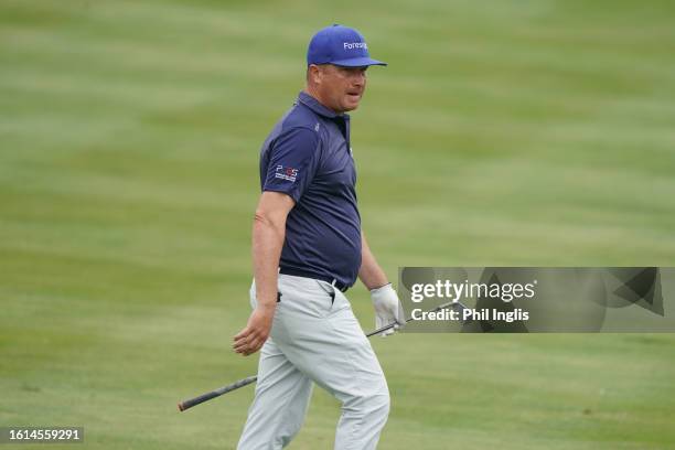 Greig Hutcheon of Scotland during Day Three of the Legends Tour Trophy hosted by Simon Khan at Hanbury Manor Marriott Hotel & Country Club on August...