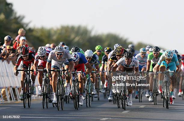Marcel Kittel of Germany and Team Argos-Shimano sprints for the finishline to win stage one of the 2013 Tour of Oman from Al Musannah to Sultan...
