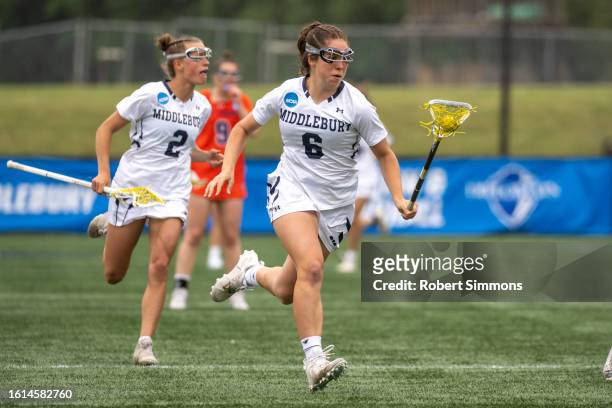 Caroline Adams of the Middlebury College Panthers advances the ball against the Gettysburg College Bullets during the Division III Women's Lacrosse...