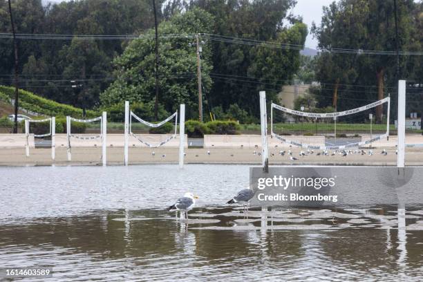 Flooded beach volleyball courts following Tropical Storm Hilary at Zuma Beach in Malibu, California, US, on Monday, Aug. 21, 2023. The remnants of...