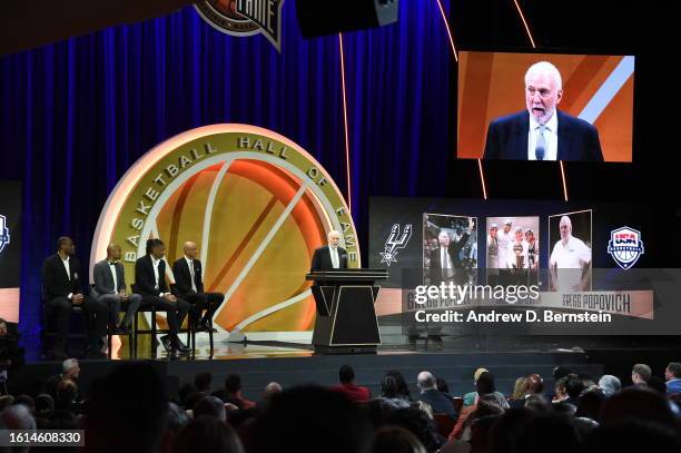 Gregg Popovich speaks during the 2023 Basketball Hall of Fame Enshrinement Ceremony on August 12, 2023 at Springfield Marriott in Springfield,...