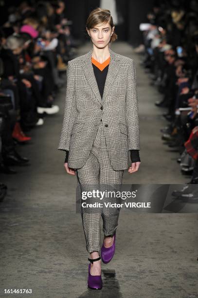 Model walks the runway at the Rag & Bone Women's Ready to Wear Fall/Winter 2013-2014 fashion show during Mercedes-Benz Fashion Week at Skylight...