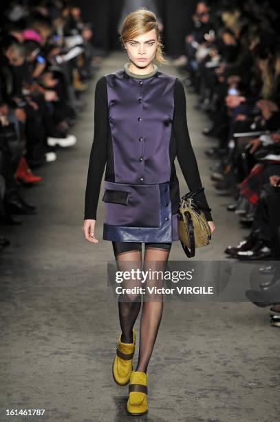 Model walks the runway at the Rag & Bone Women's Ready to Wear Fall/Winter 2013-2014 fashion show during Mercedes-Benz Fashion Week at Skylight...