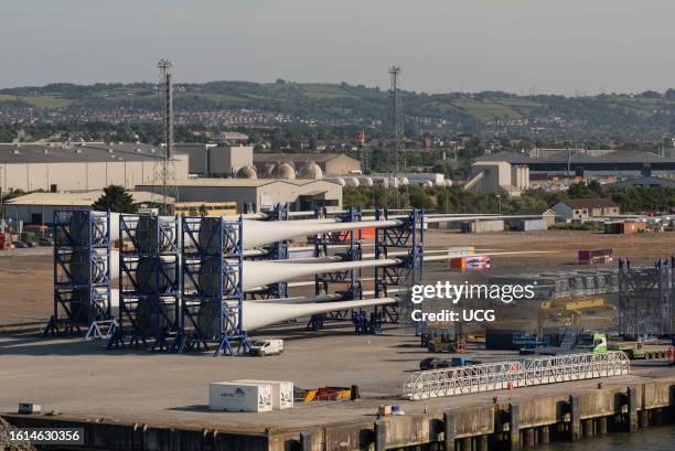 Belfast, Norther Ireland, UK, Wind turbine blades being assembled in Belfast Harbor at thee offshore wind terminal before being shipped out to a wind...