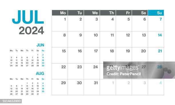 july 2024 - monthly quarterly calendar. minimalism style landscape horizontal calendar for 2024 year. vector template. the week starts on monday - june vector stock illustrations